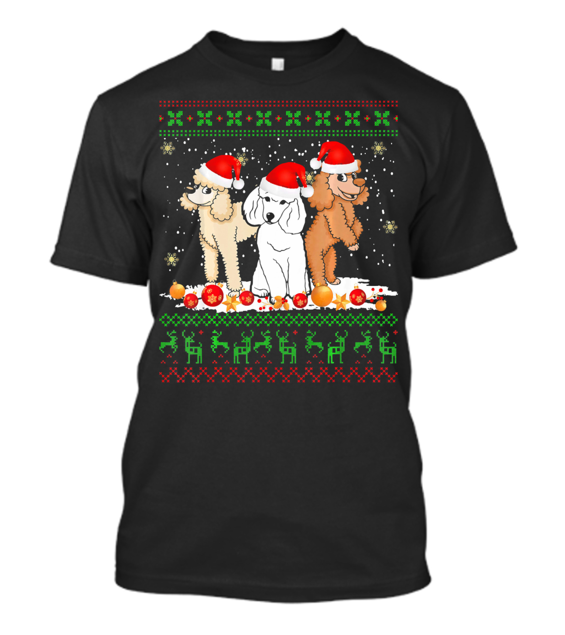 Christmas Poodle Santa Hat Reindeer Lights Snowflakes T-Shirt