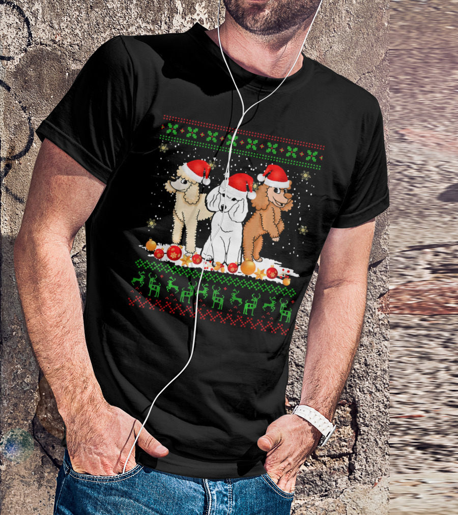 Christmas Poodle Santa Hat Reindeer Lights Snowflakes T-Shirt