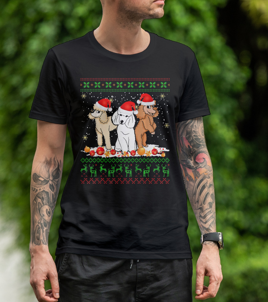 Christmas Poodle Santa Hat Reindeer Lights Snowflakes T-Shirt