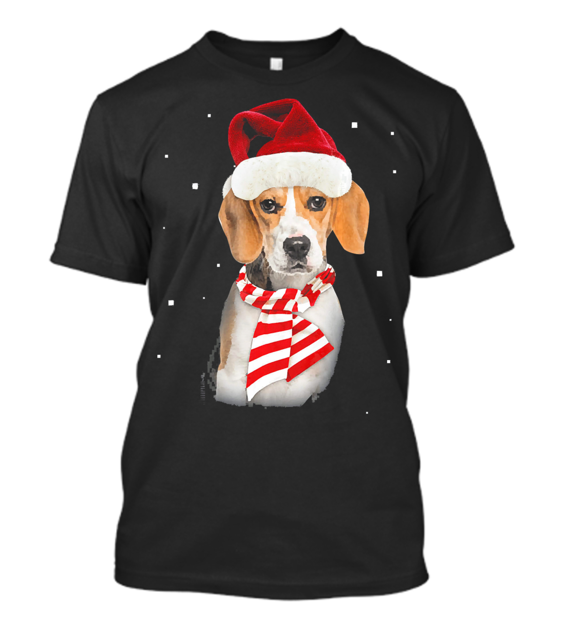 Beagle Santa Merry Xmas Christmas Snowflakes Red Hat Scarf T-Shirt