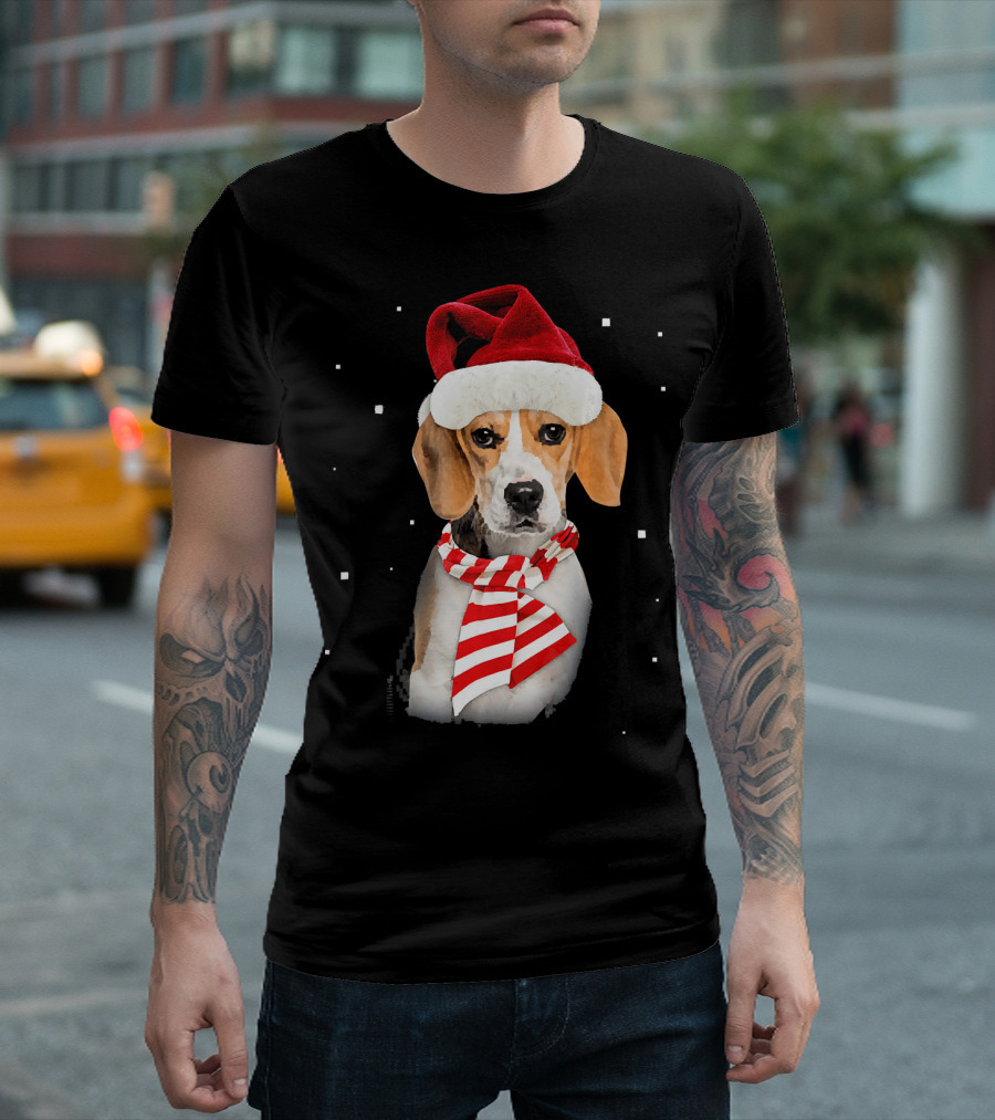 Beagle Santa Merry Xmas Christmas Snowflakes Red Hat Scarf T-Shirt