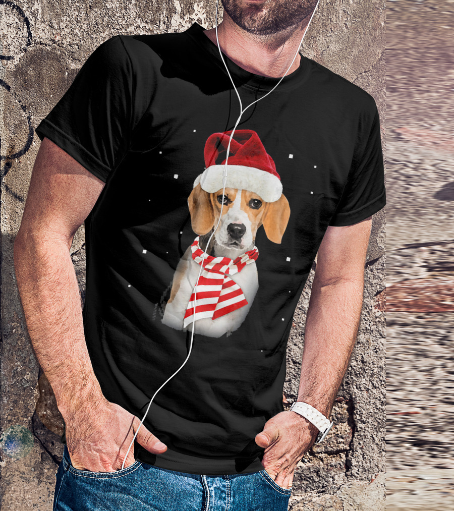Beagle Santa Merry Xmas Christmas Snowflakes Red Hat Scarf T-Shirt