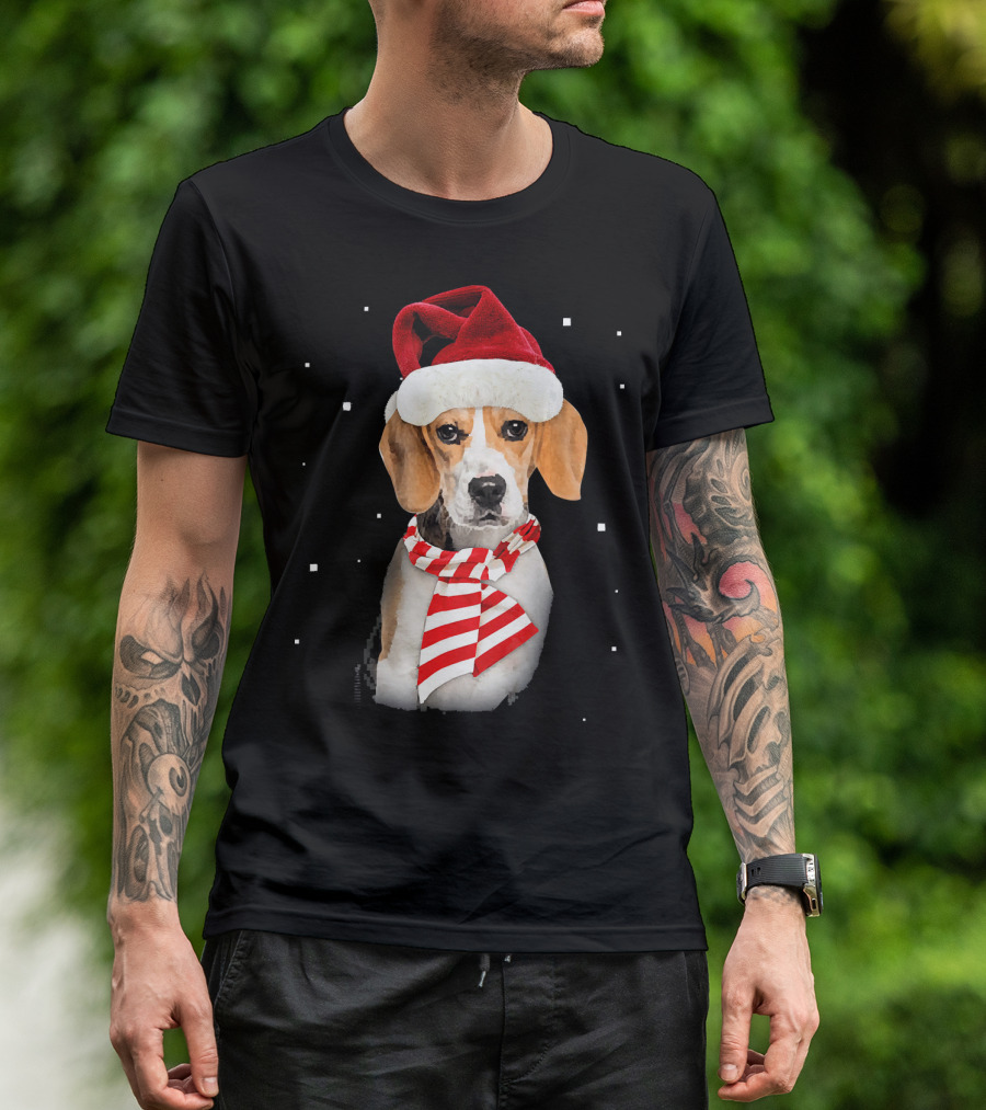 Beagle Santa Merry Xmas Christmas Snowflakes Red Hat Scarf T-Shirt