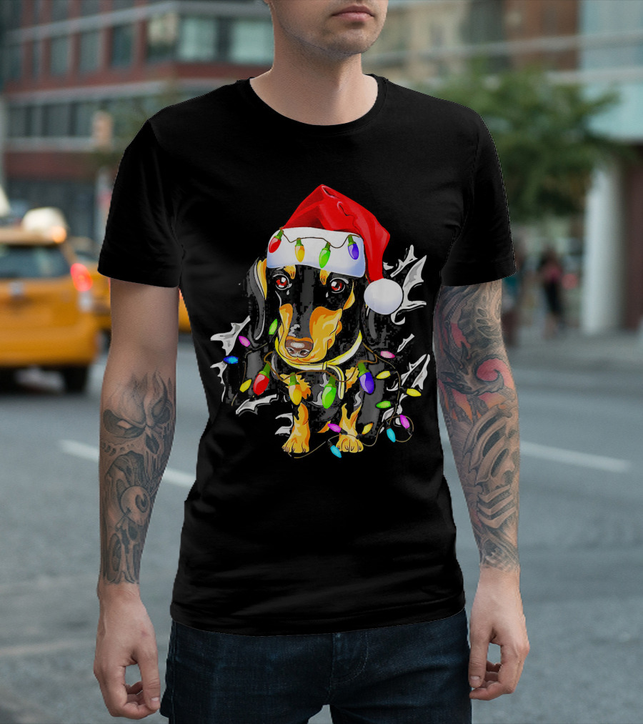 Christmas Dogs Lover Santa Dachs with Festive Lights T-Shirt