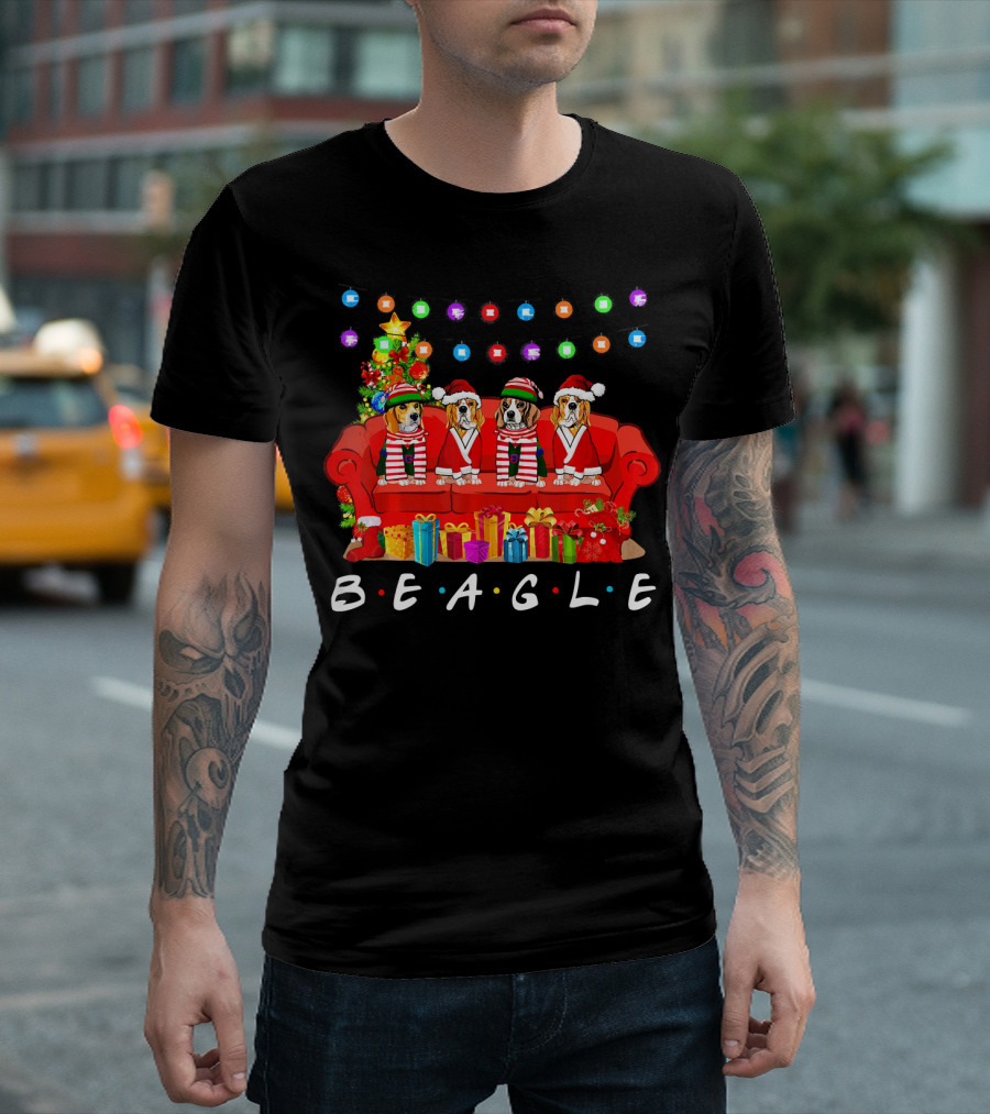 Beagle Friends in Christmas Sweaters with Gifts and Lights T-Shirt