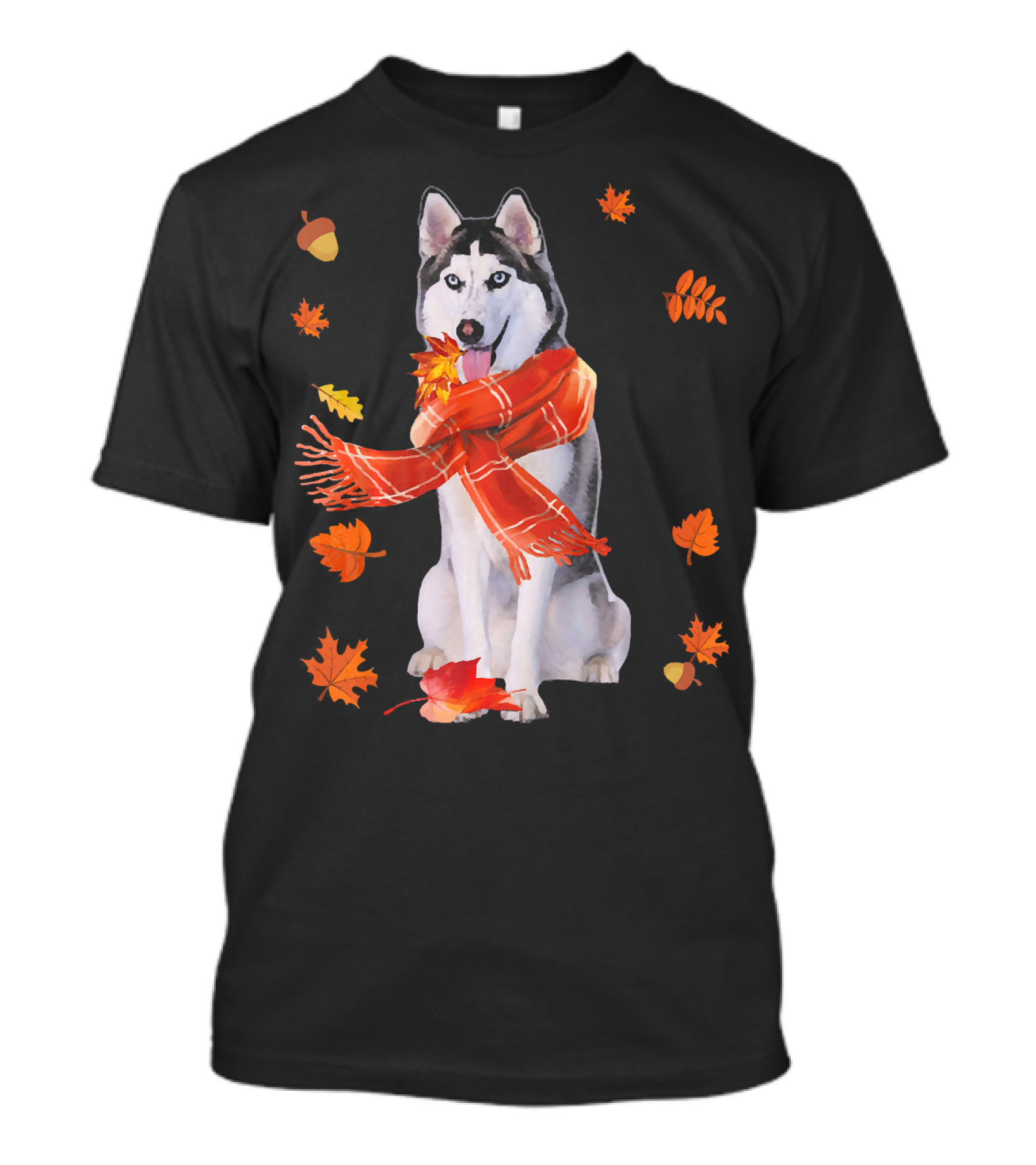 Husky Dog With Autumn Leaves And Scarf T-Shirt
