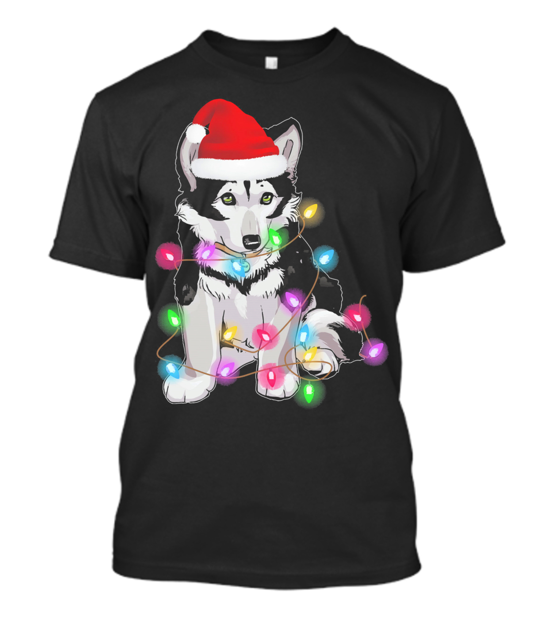 Cute Siberian Husky In Christmas Santa Hat With Holiday Lights T-Shirt