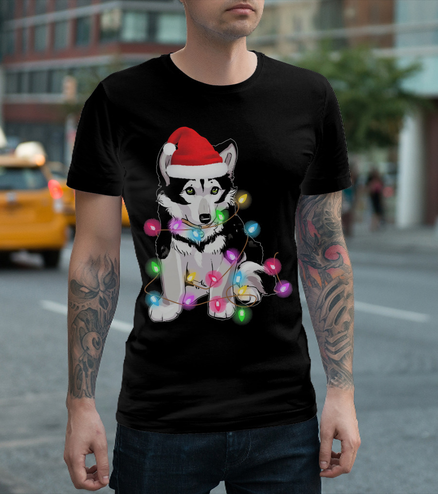 Cute Siberian Husky In Christmas Santa Hat With Holiday Lights T-Shirt