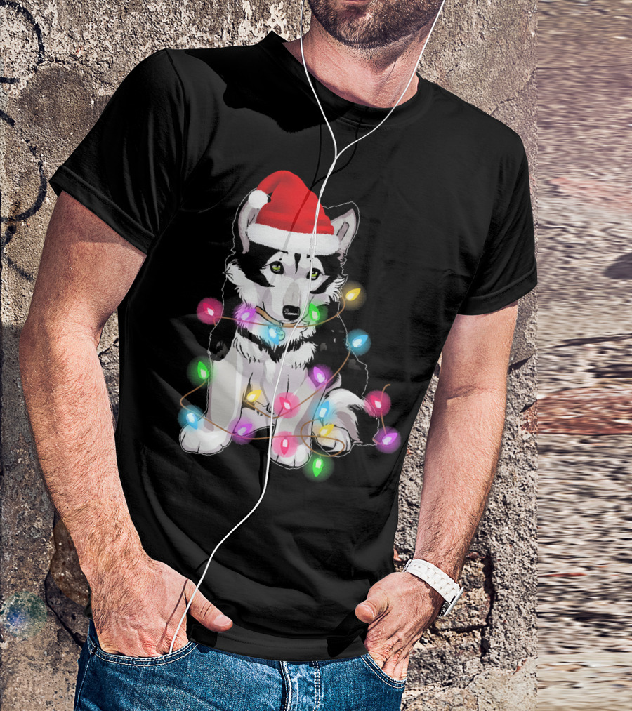 Cute Siberian Husky In Christmas Santa Hat With Holiday Lights T-Shirt