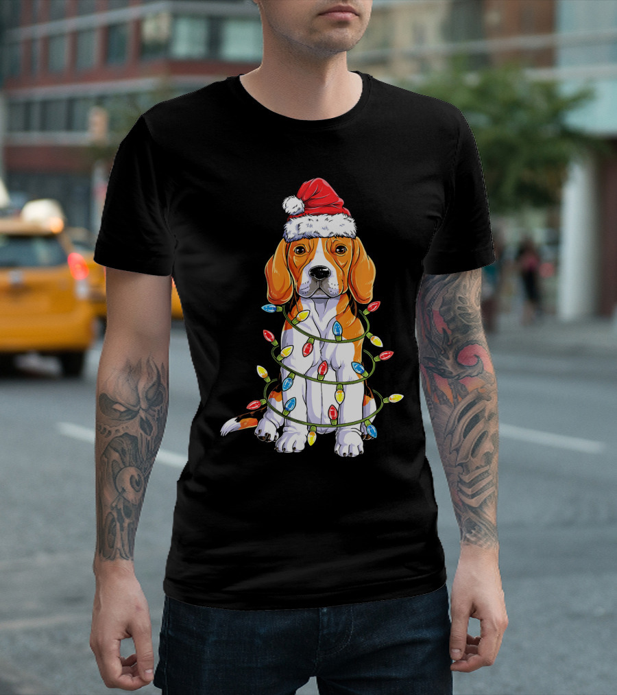 Beagle Wrapped in Christmas Tree Lights with Santa Hat T-Shirt