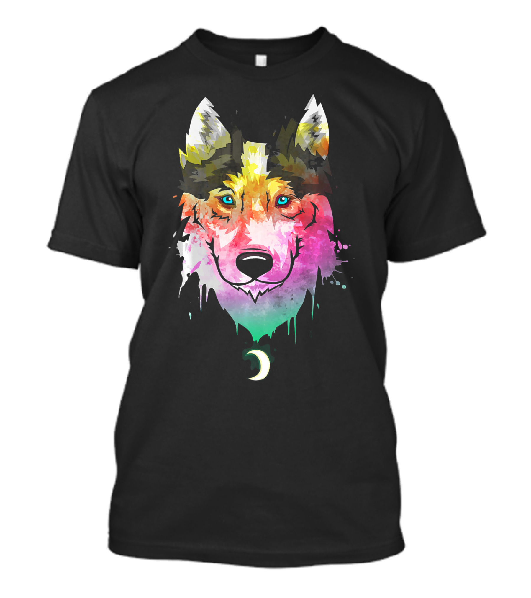 Blue Eyes Siberian Husky Watercolor Paint Drip Moon T-Shirt