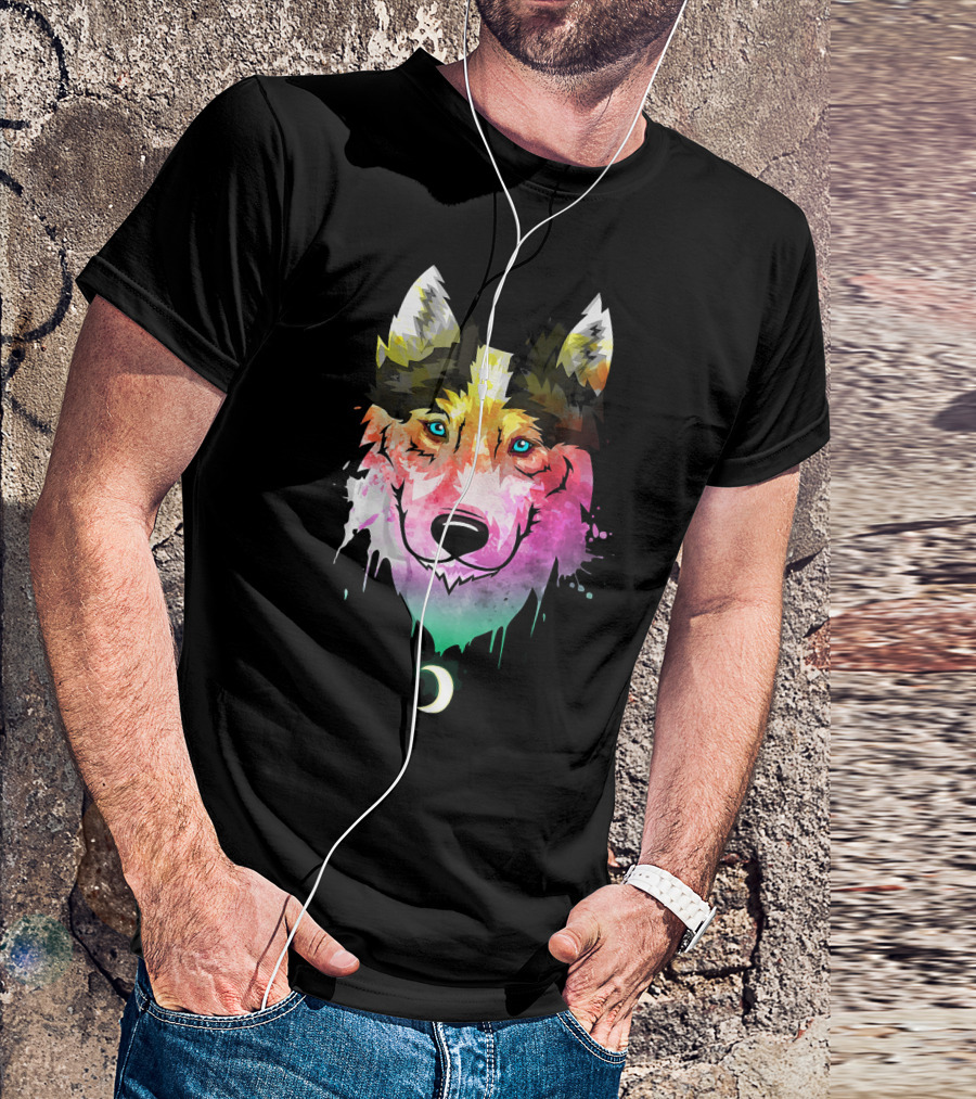 Blue Eyes Siberian Husky Watercolor Paint Drip Moon T-Shirt