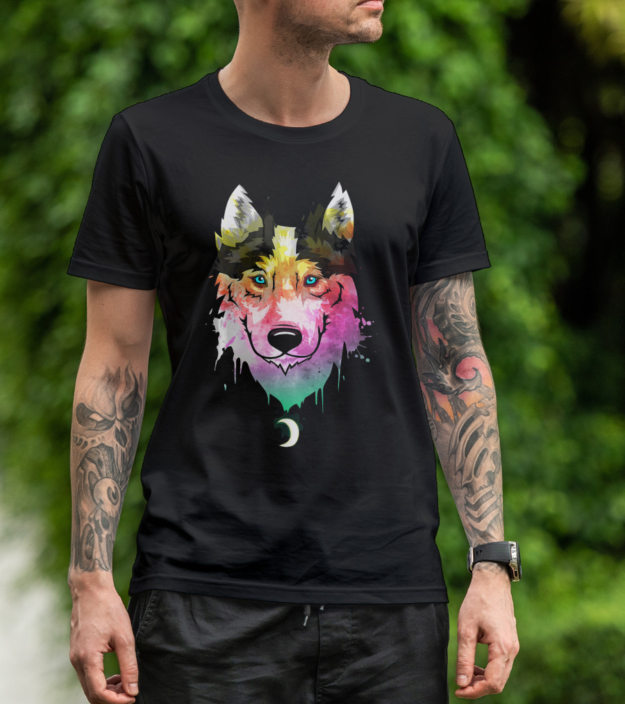 Blue Eyes Siberian Husky Watercolor Paint Drip Moon T-Shirt