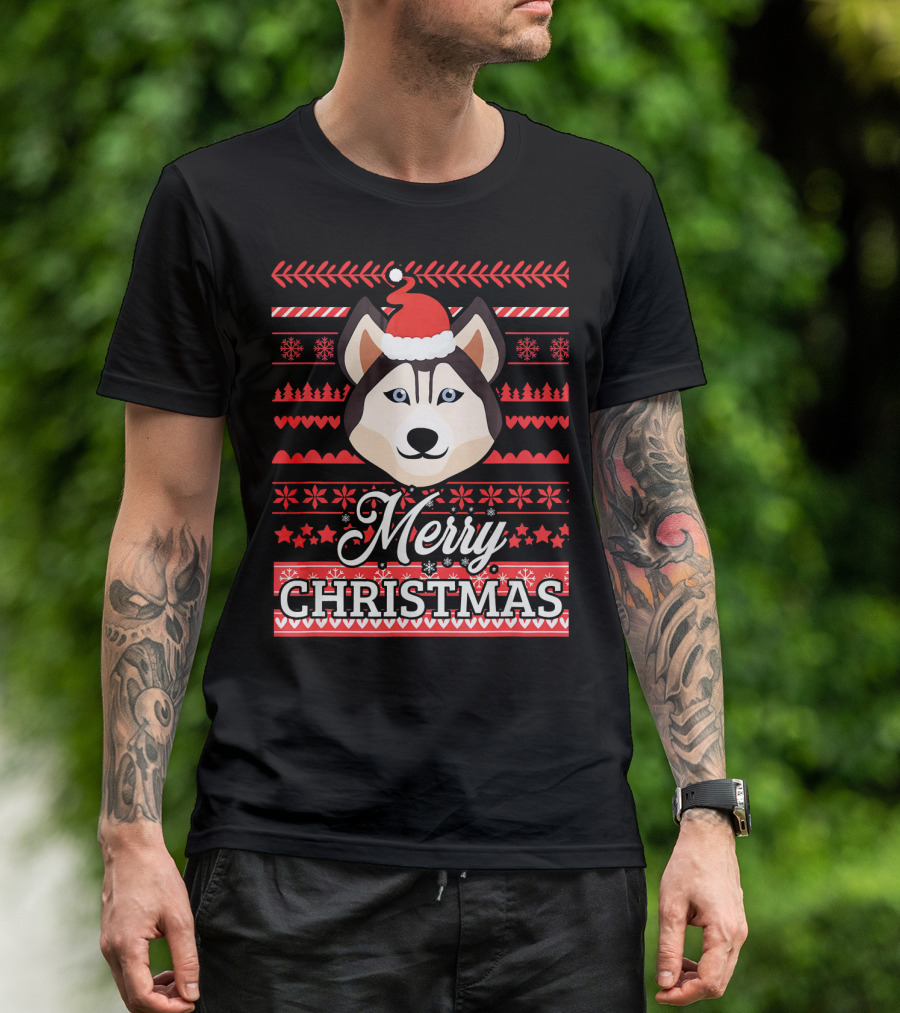 Merry Christmas Cute Husky Dog T-Shirt