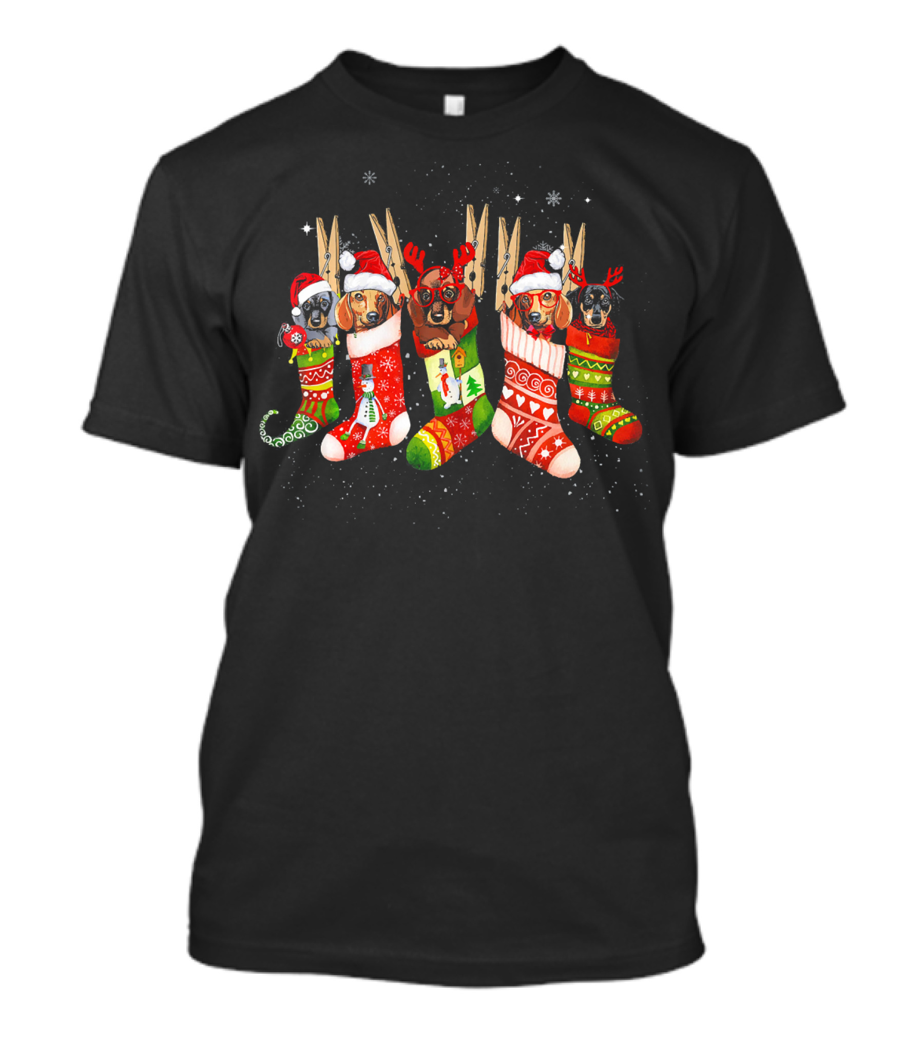 Cute Dachshund Puppies In Christmas Santa Stockings With Festive Hats T-Shirt