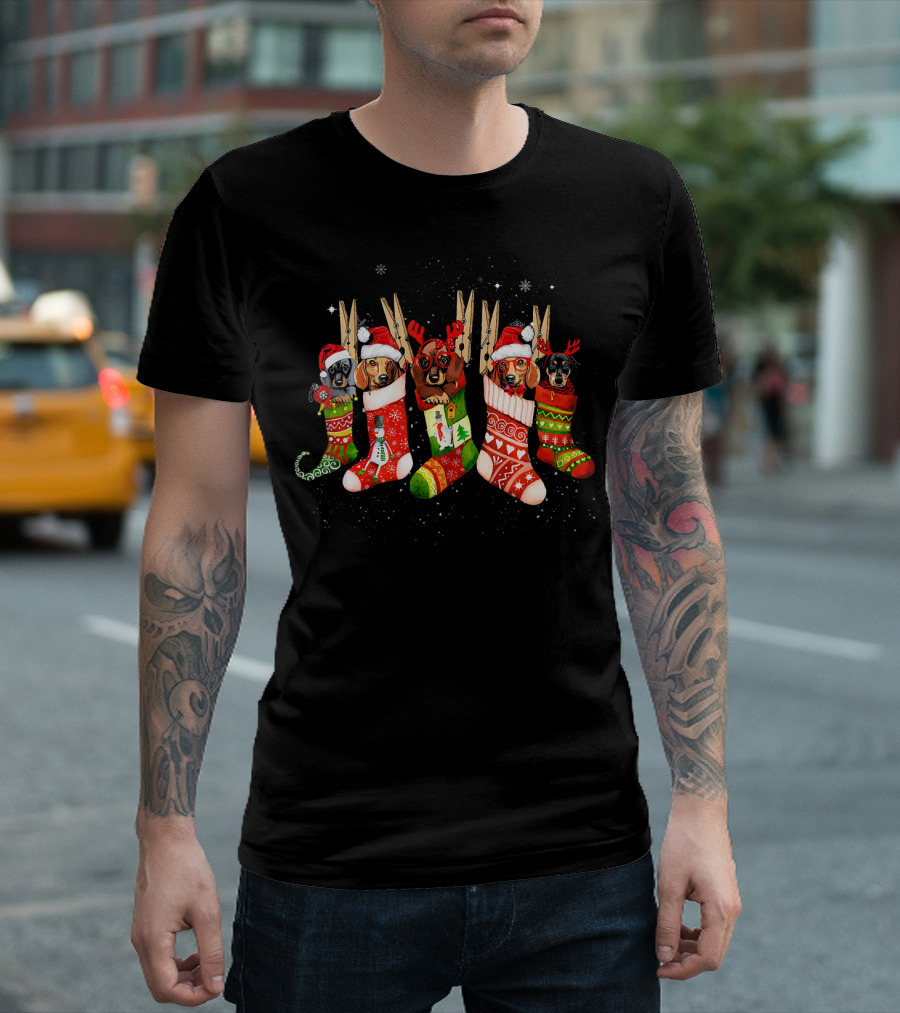 Cute Dachshund Puppies In Christmas Santa Stockings With Festive Hats T-Shirt