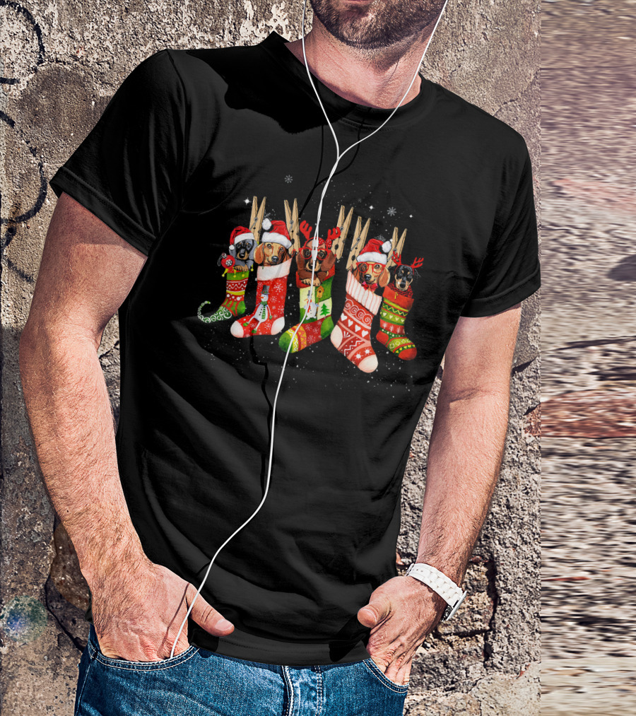Cute Dachshund Puppies In Christmas Santa Stockings With Festive Hats T-Shirt