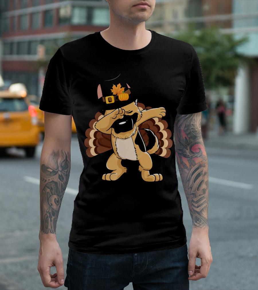 Dabbing German Shepherd In Pilgrim Hat With Turkey Feathers T-Shirt