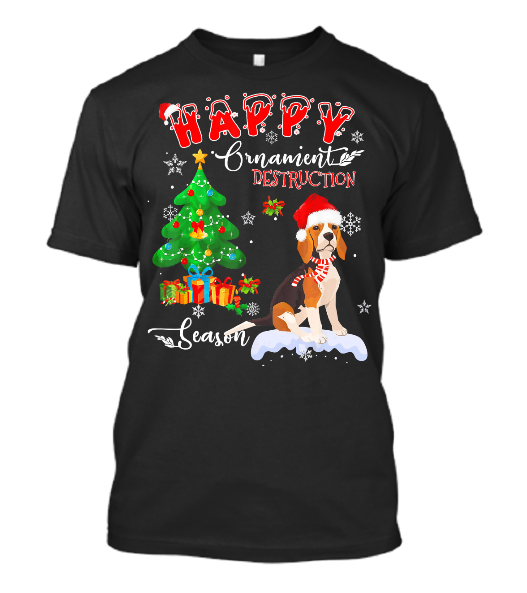 Happy Ornament Destruction Season Beagle Dog Christmas Tree Snow Santa Hat T-Shirt