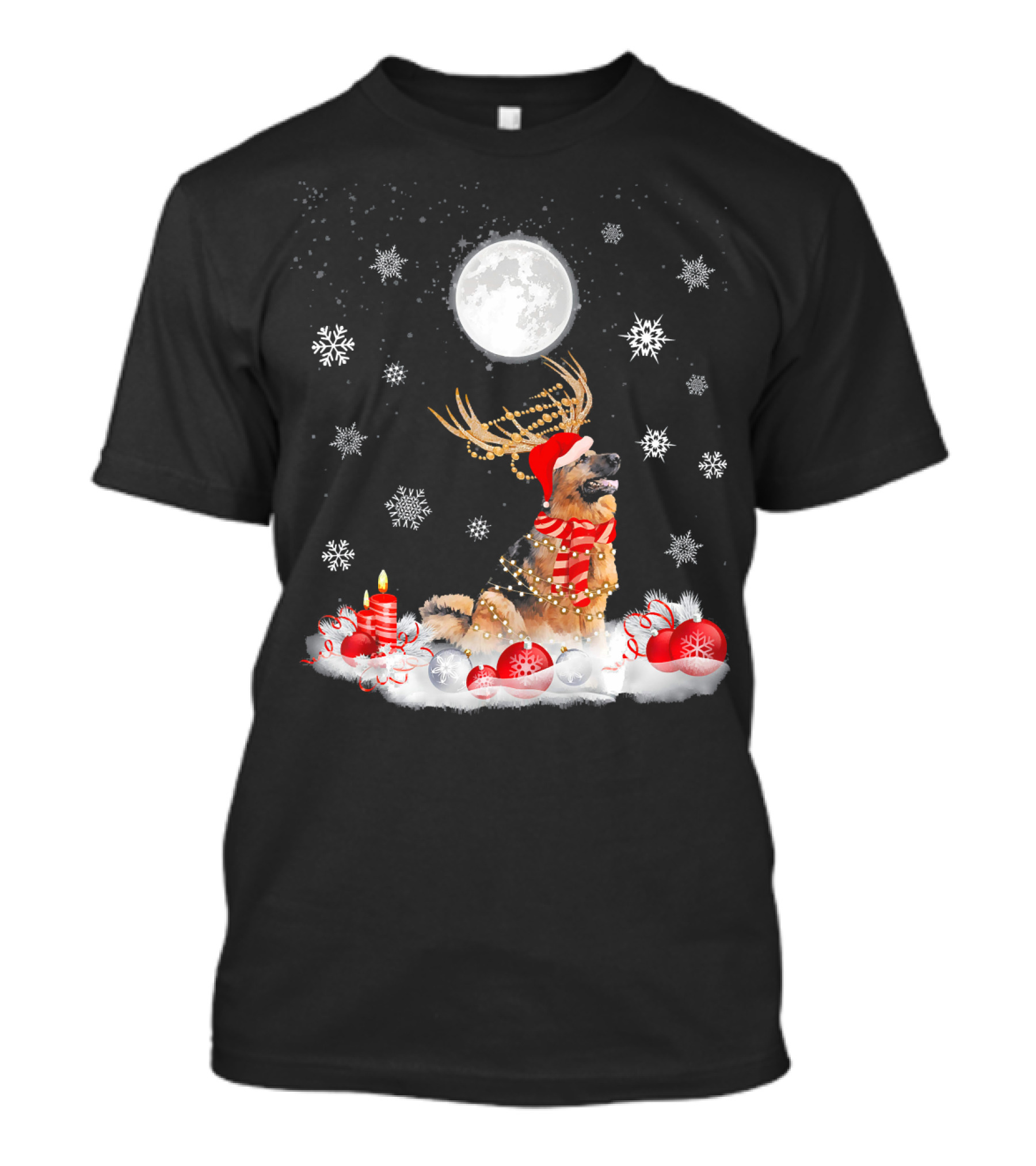 Cute German Shepherd Dog Merry Christmas Reindeer Antlers Snowflakes Moon Candles Holiday Ornaments T-Shirt