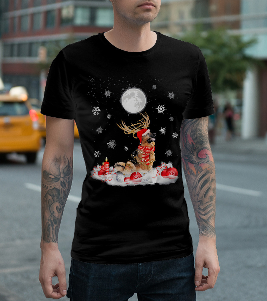 Cute German Shepherd Dog Merry Christmas Reindeer Antlers Snowflakes Moon Candles Holiday Ornaments T-Shirt