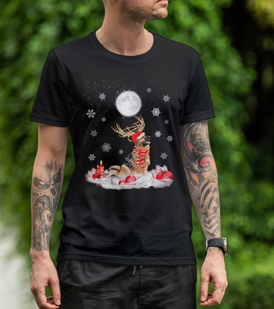 Cute German Shepherd Dog Merry Christmas Reindeer Antlers Snowflakes Moon Candles Holiday Ornaments T-Shirt