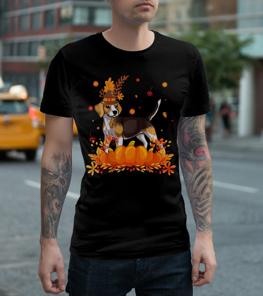 Beagle Dog in Autumn with Pilgrim Hat and Pumpkins T-Shirt