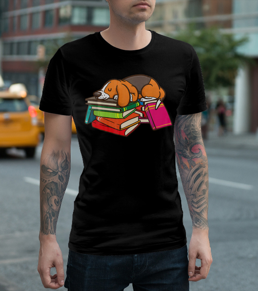 Cute Beagle Sleeping On Colorful Books For Reading Lovers Boo T-Shirt