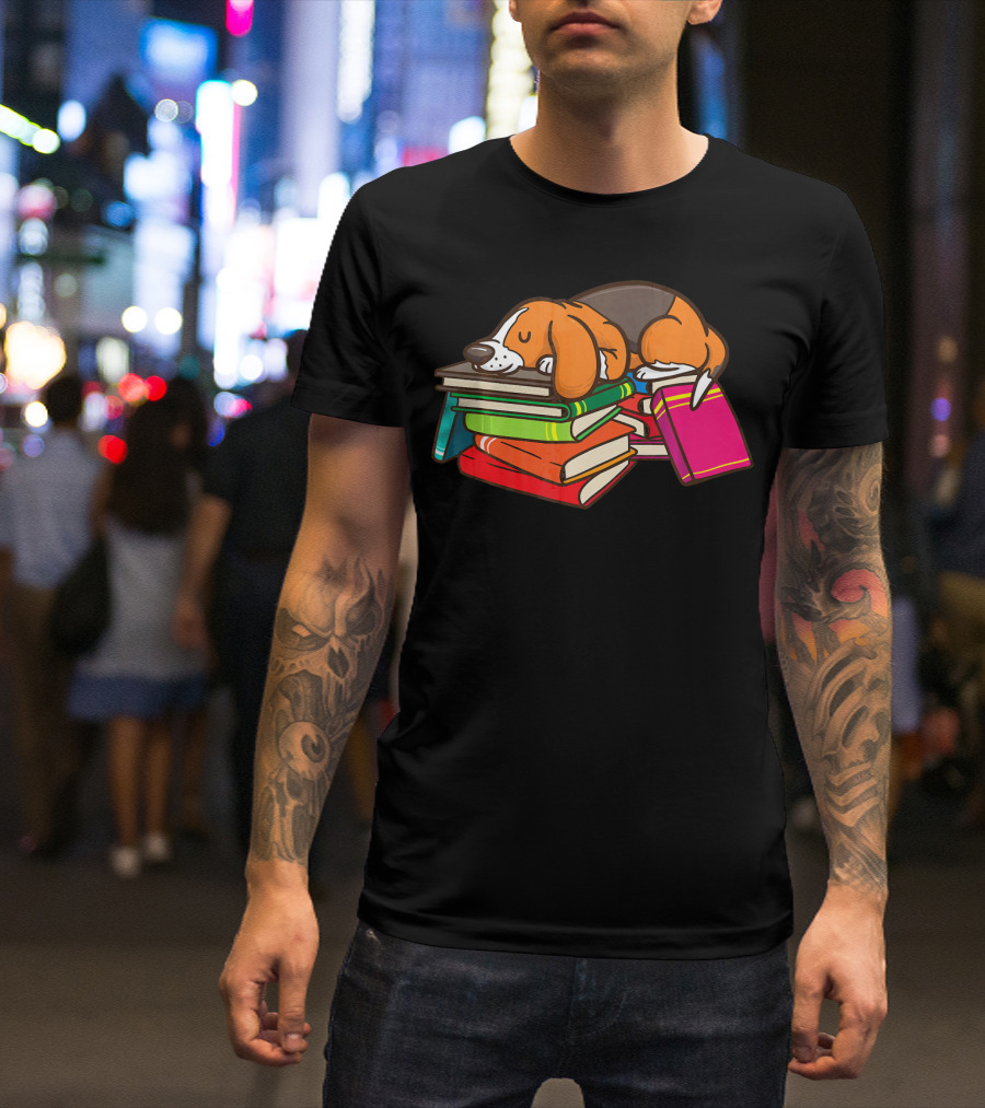 Cute Beagle Sleeping On Colorful Books For Reading Lovers Boo T-Shirt