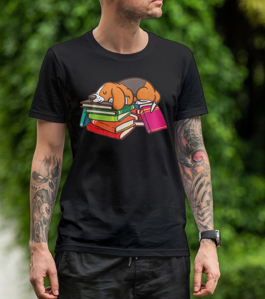 Cute Beagle Sleeping On Colorful Books For Reading Lovers Boo T-Shirt