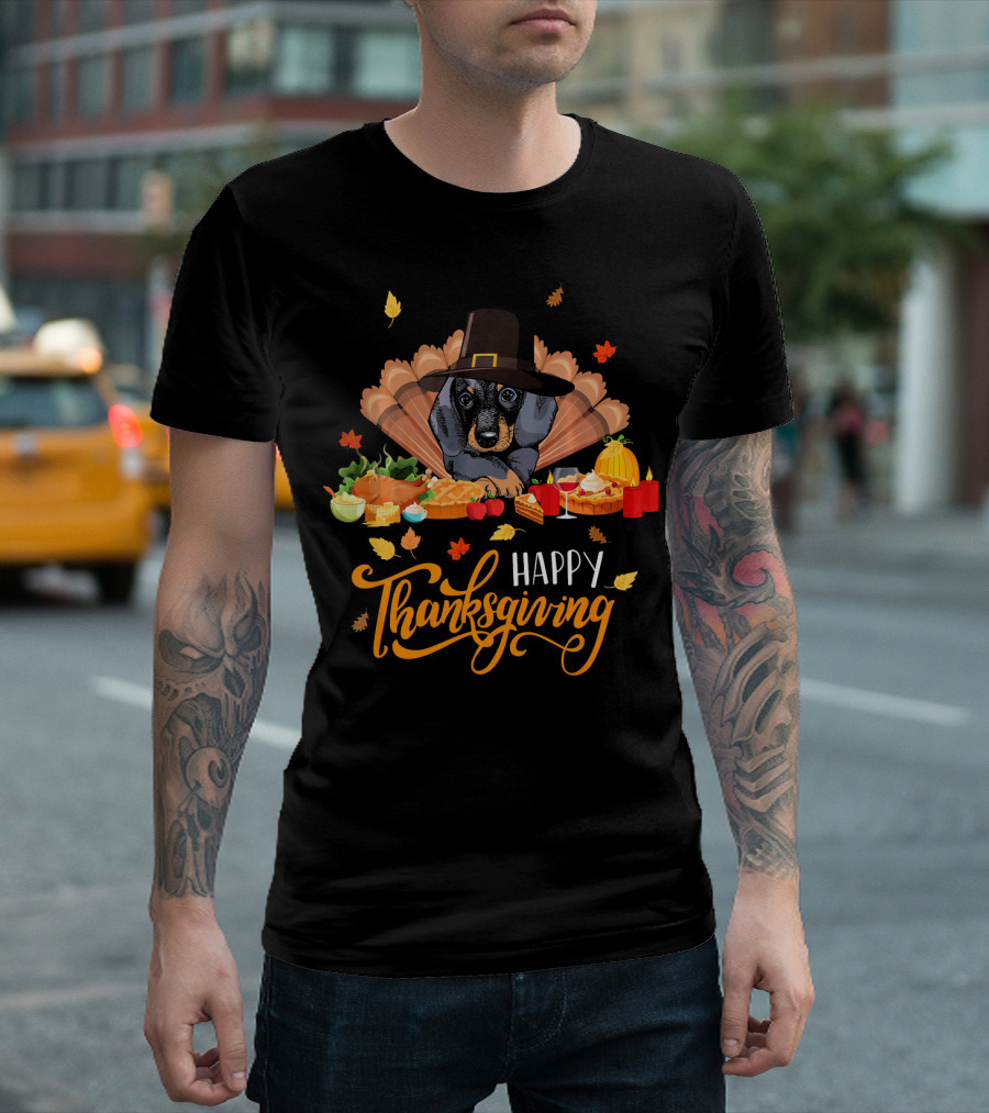 Happy Thanksgiving Dachshund Turkey Pilgrim Hat Feast T-Shirt