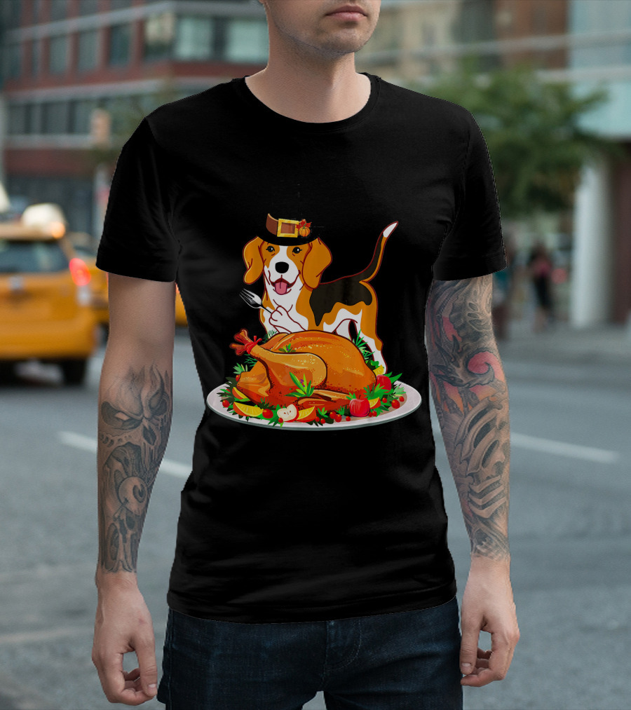 Beagle Dog Pilgrim with Thanksgiving Turkey Feast T-Shirt