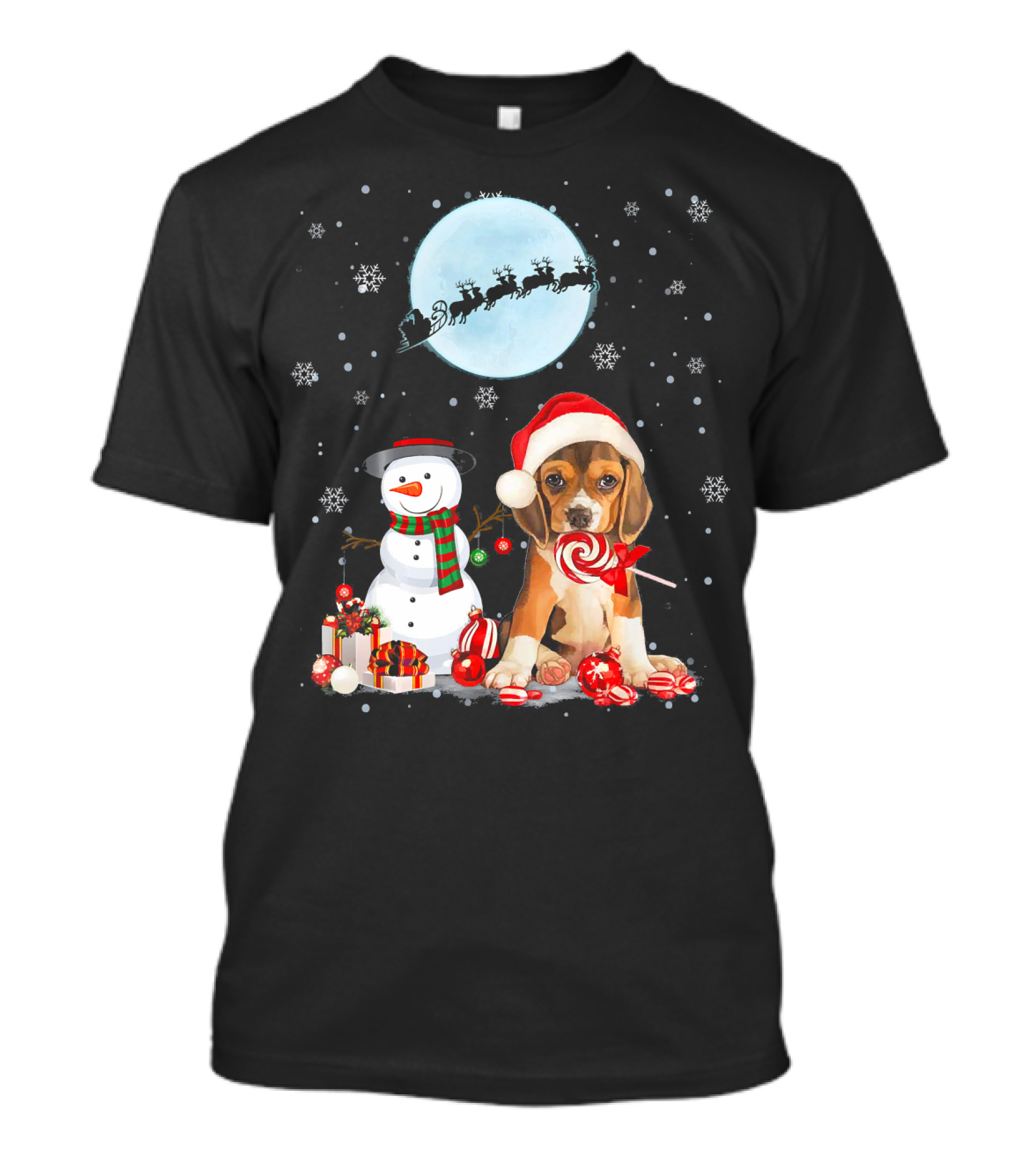Beagle Santa Hat With Snowman And Santa Under Moon T-Shirt