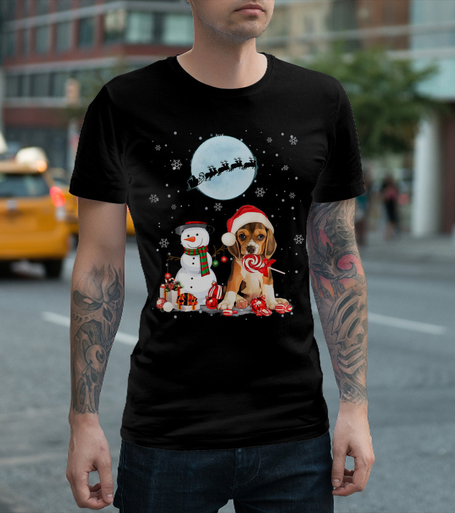 Beagle Santa Hat With Snowman And Santa Under Moon T-Shirt