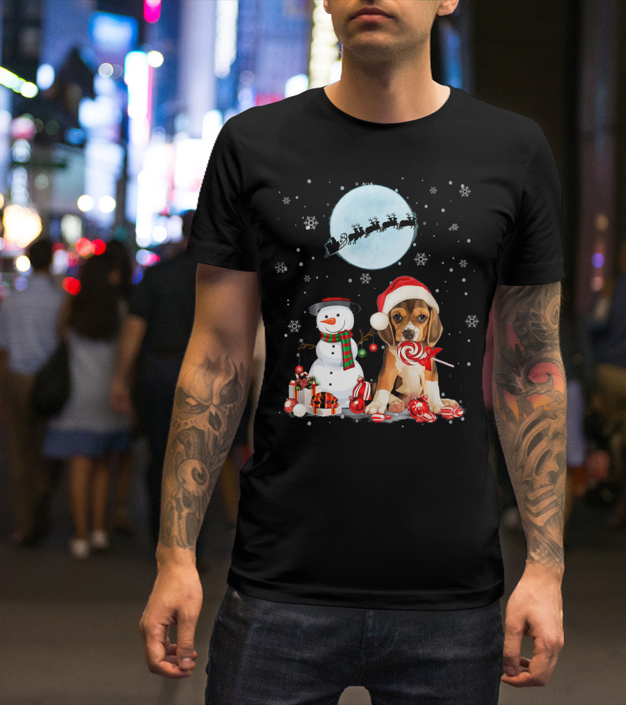 Beagle Santa Hat With Snowman And Santa Under Moon T-Shirt