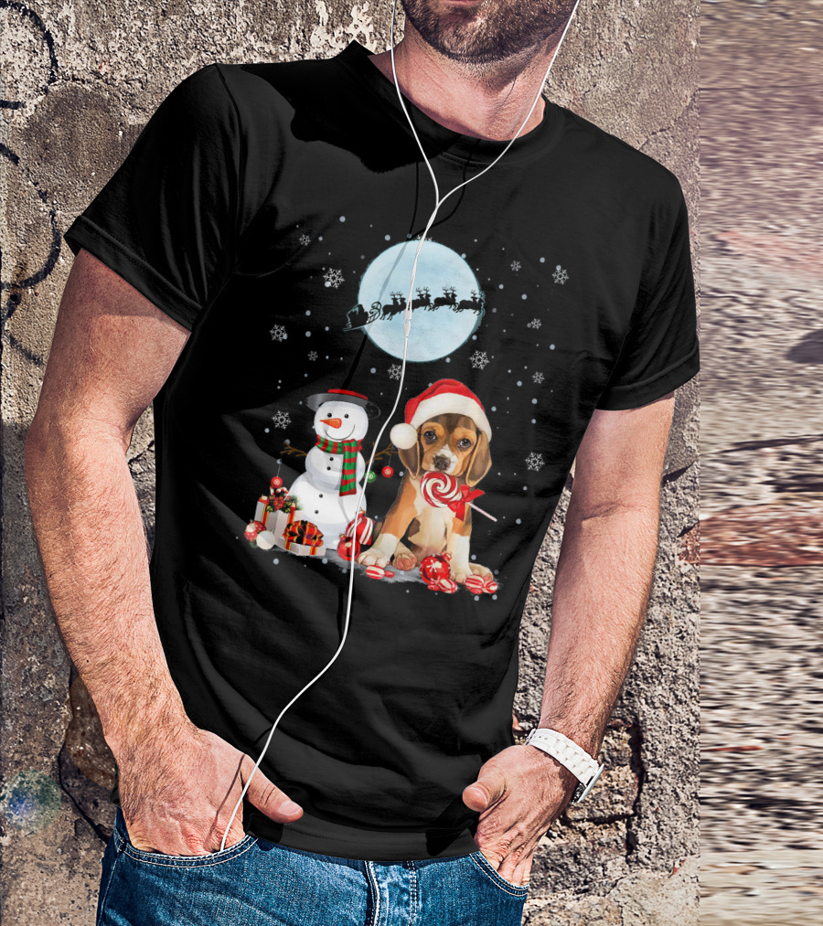 Beagle Santa Hat With Snowman And Santa Under Moon T-Shirt
