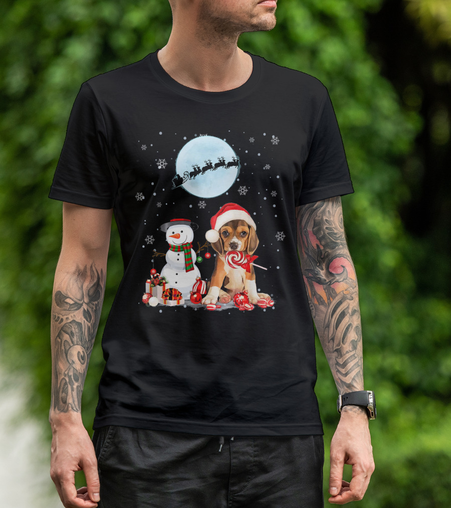 Beagle Santa Hat With Snowman And Santa Under Moon T-Shirt