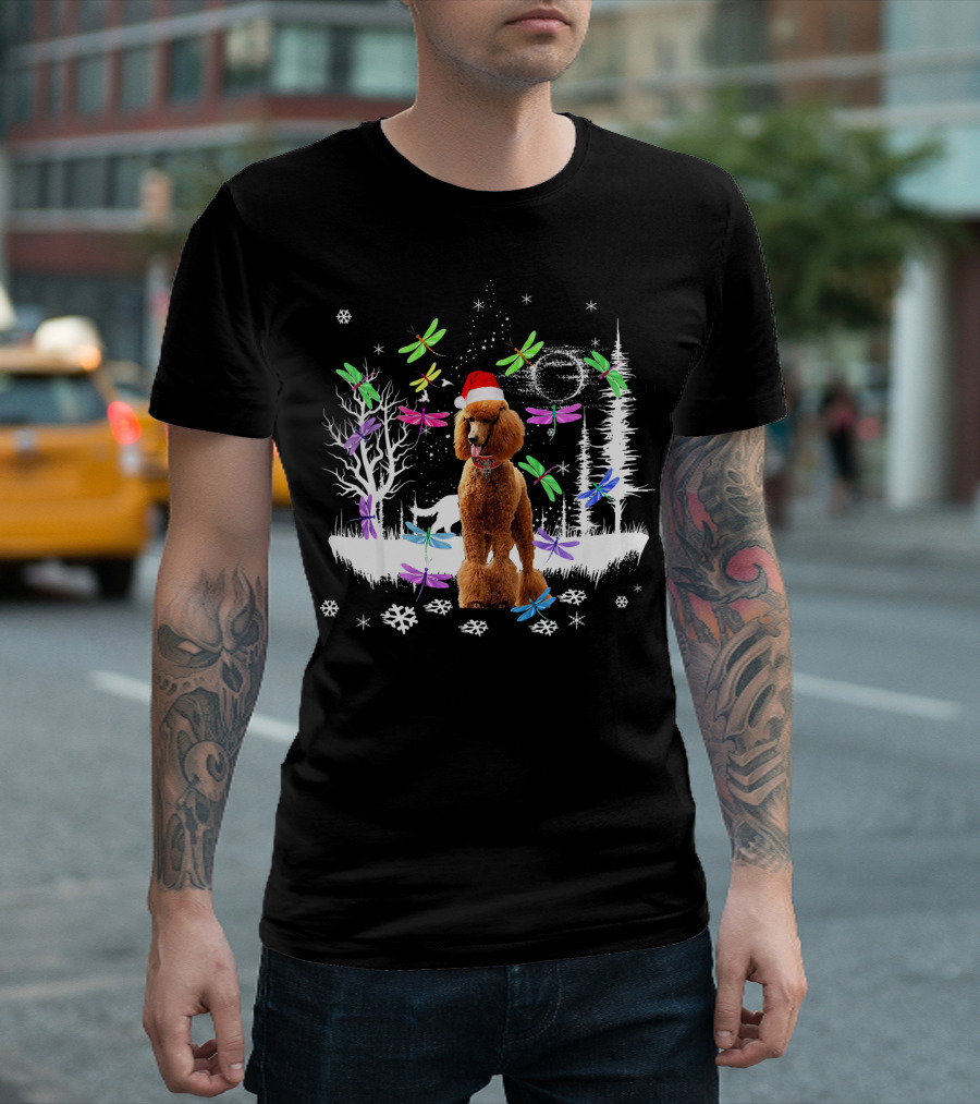 Cute Poodle Dog Snow Christmas Dragonfly Winter Wonderland T-Shirt