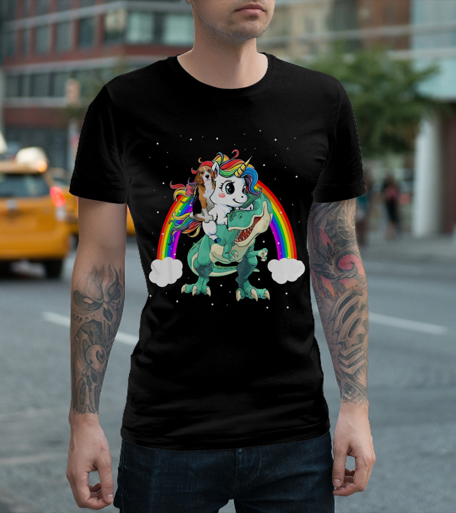 Beagle Dog Unicorn On Dinosaur Rex With Rainbow T-Shirt