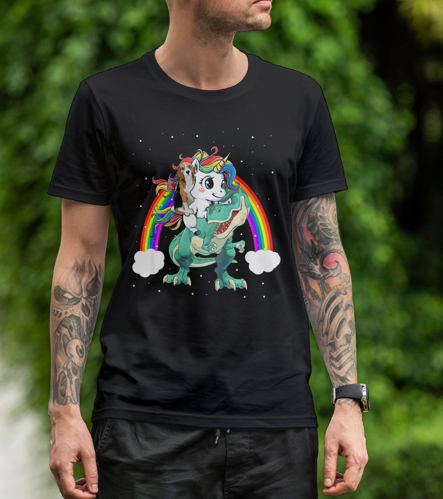 Beagle Dog Unicorn On Dinosaur Rex With Rainbow T-Shirt