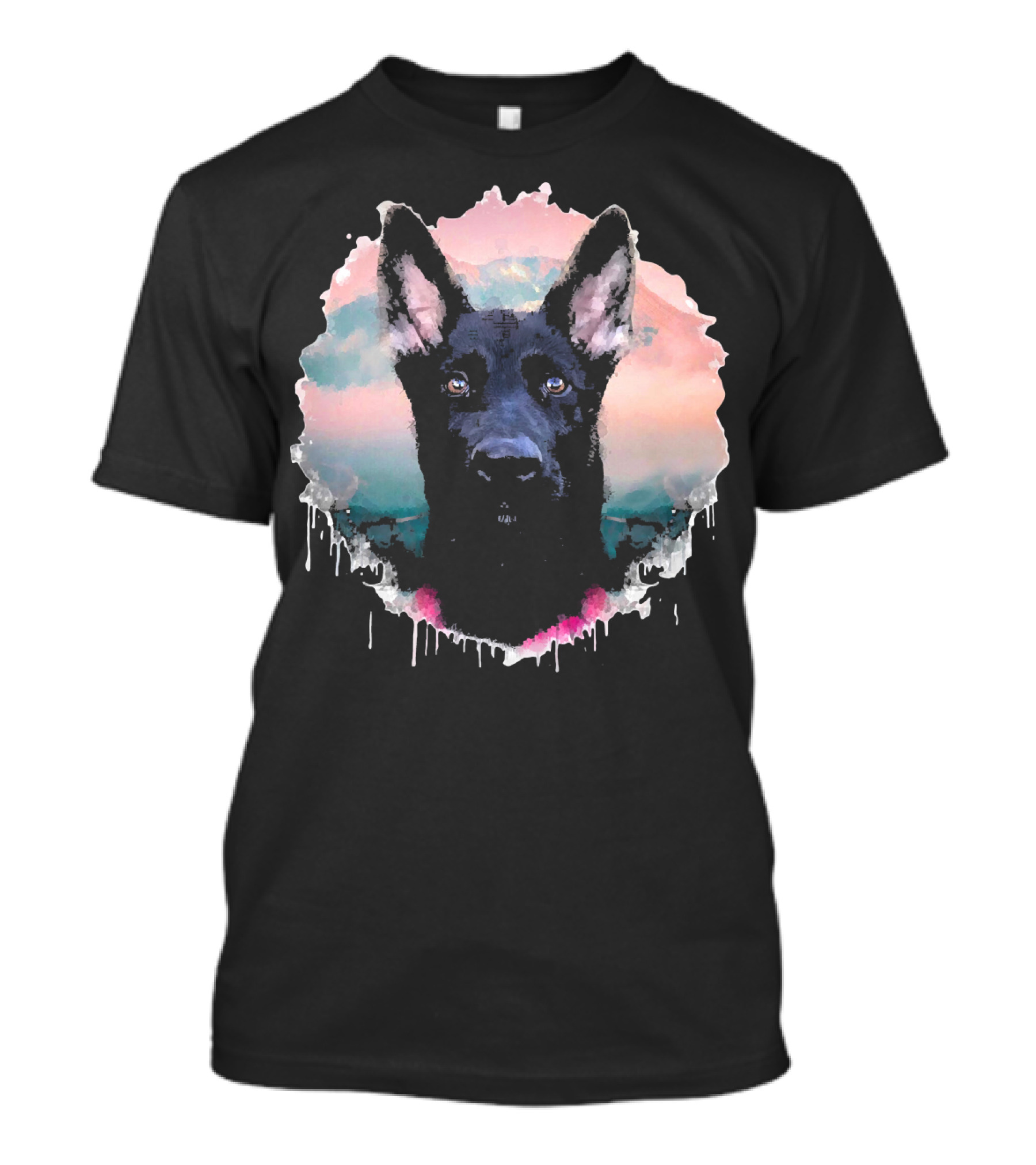 Black German Shepherds Dogs Watercolor Portrait Pastel Drip T-Shirt