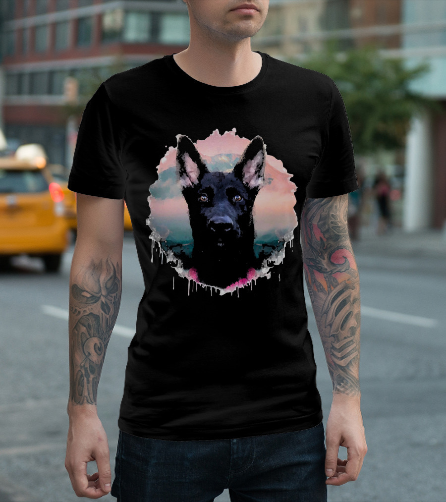 Black German Shepherds Dogs Watercolor Portrait Pastel Drip T-Shirt
