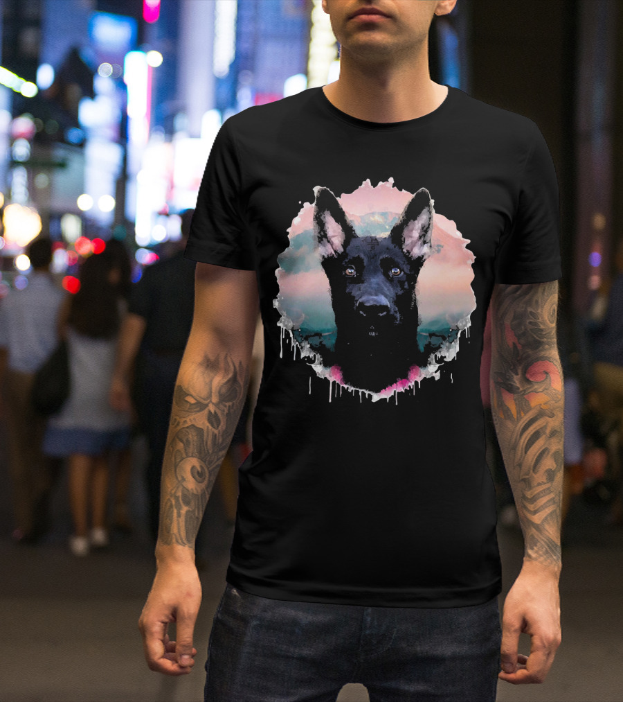 Black German Shepherds Dogs Watercolor Portrait Pastel Drip T-Shirt