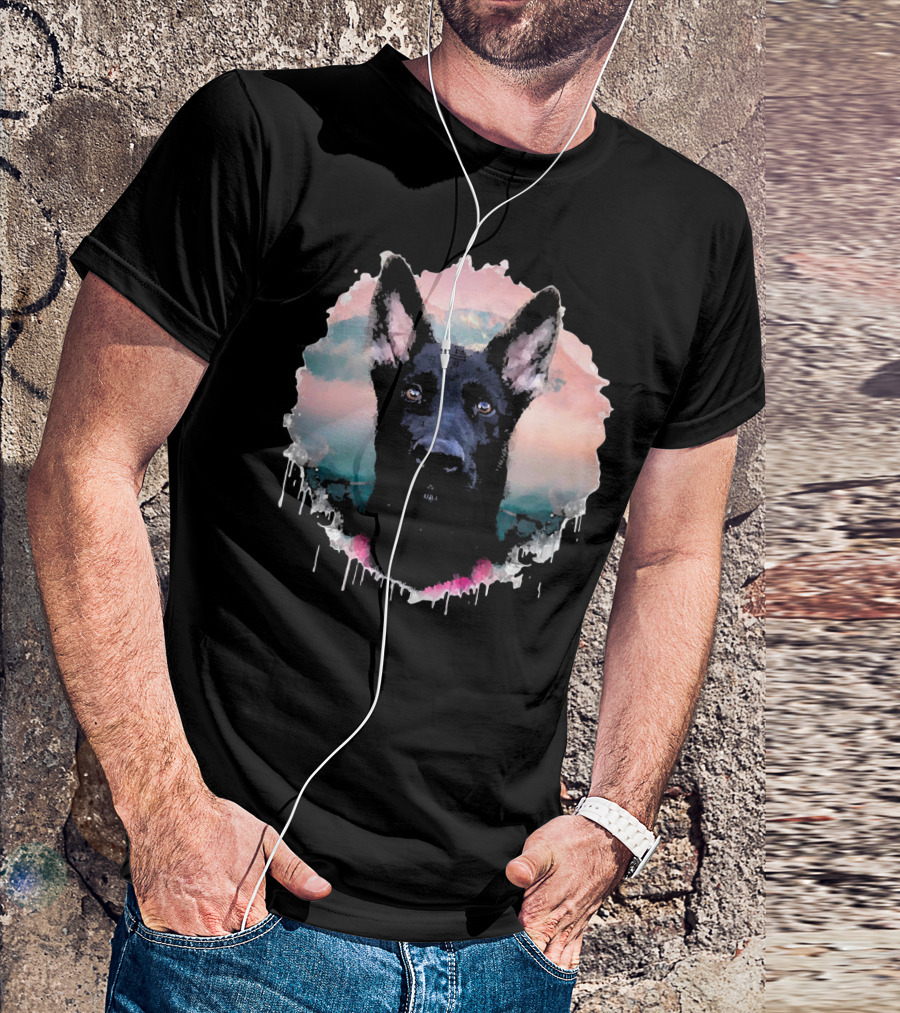 Black German Shepherds Dogs Watercolor Portrait Pastel Drip T-Shirt