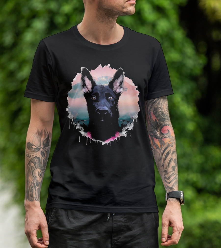 Black German Shepherds Dogs Watercolor Portrait Pastel Drip T-Shirt