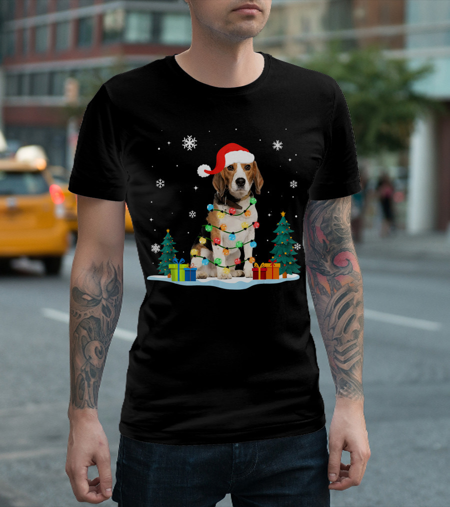 Santa Beagle Wrapped in Christmas Lights With Gifts and Trees T-Shirt