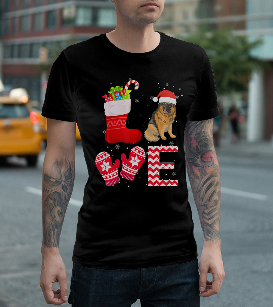 Love Christmas German Shepherd Santa Hat Mittens Stocking T-Shirt