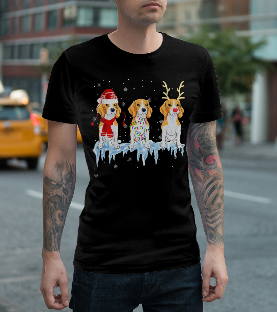 Beagle Dogs with Christmas Hats, Lights, and Reindeer Antlers on Snowy Ice Background T-Shirt