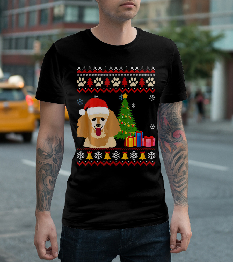 Christmas Poodle Santa Hat Ugly Sweater Trees Bells Snowflakes T-Shirt