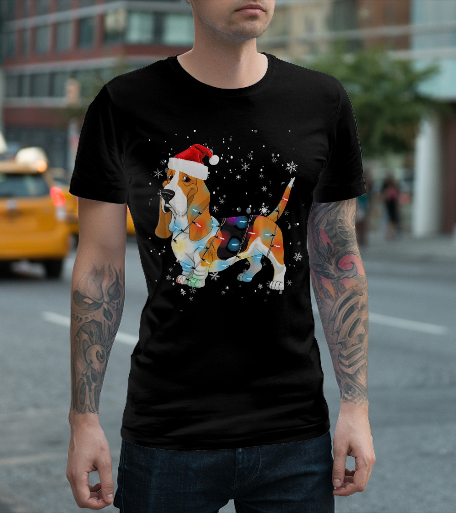 Beagle with Christmas Lights Santa Hat Funny Xmas Dog T-Shirt